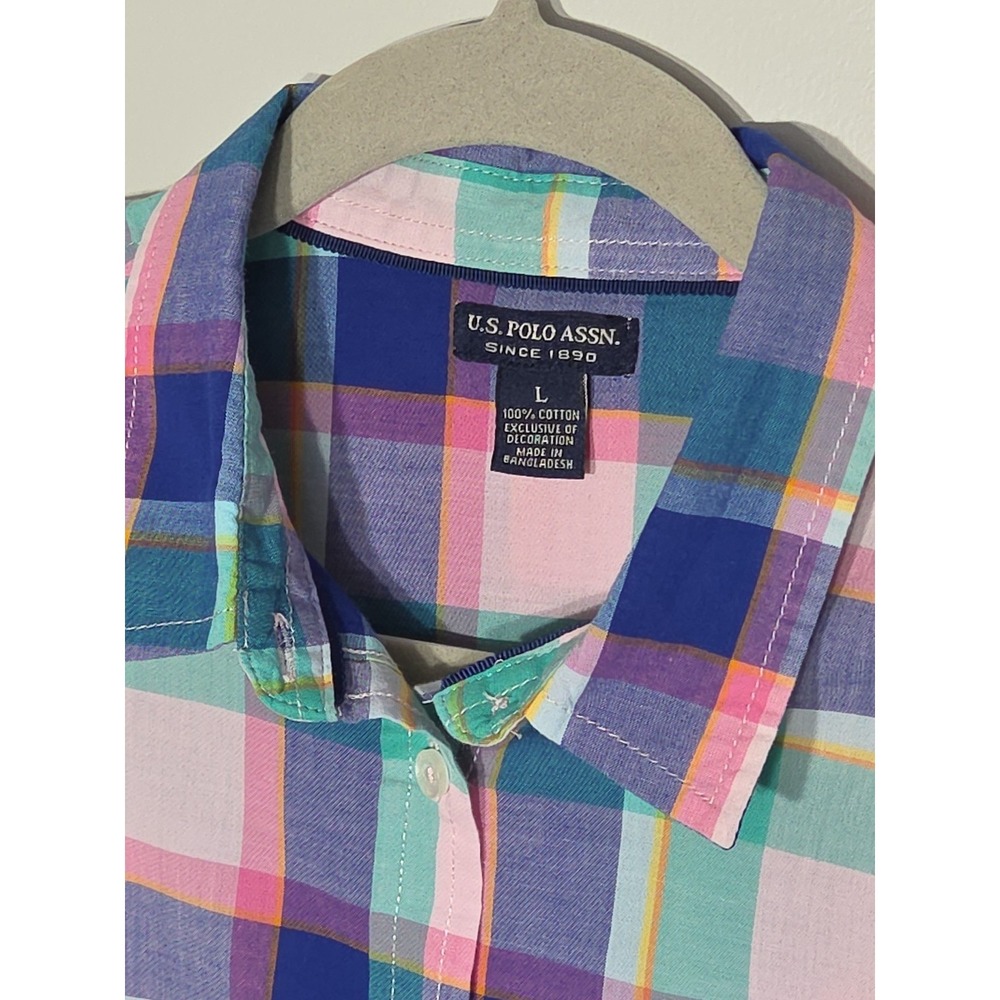 Junior's Large US POLO ASSN Shirt Pastel Plaid 100% Cotton Logo Button Up Summer - Picture 5 of 10